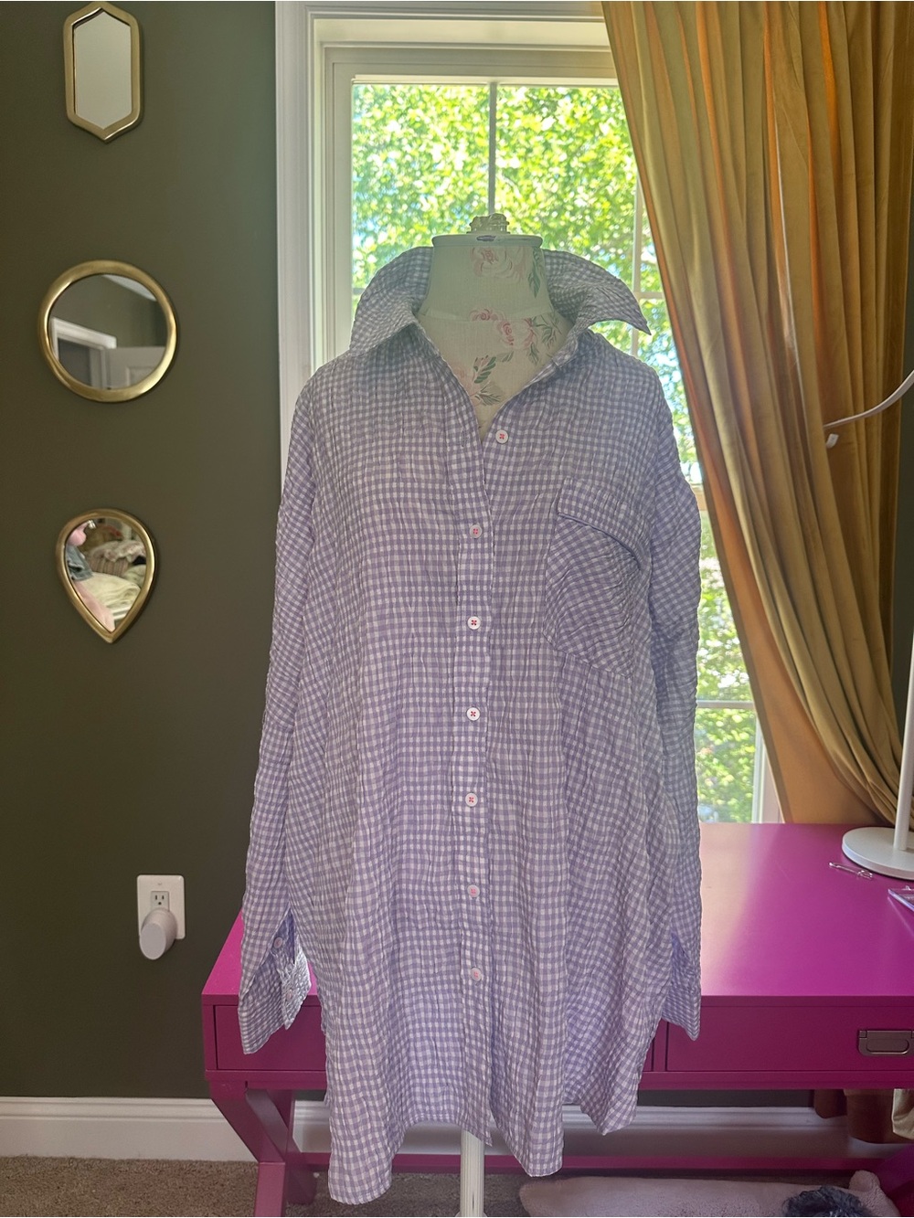 Free People Lavender Gingham Oversized Lounge Shirt